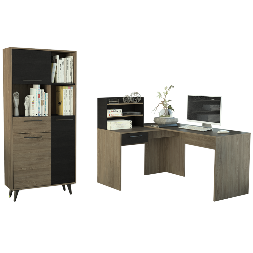 Escritorio 2L + Biblioteca Bilbao Color Miel y Wengue Para Oficina